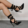 Black Suede Point Toe Ankle Strap High Heel Sandals