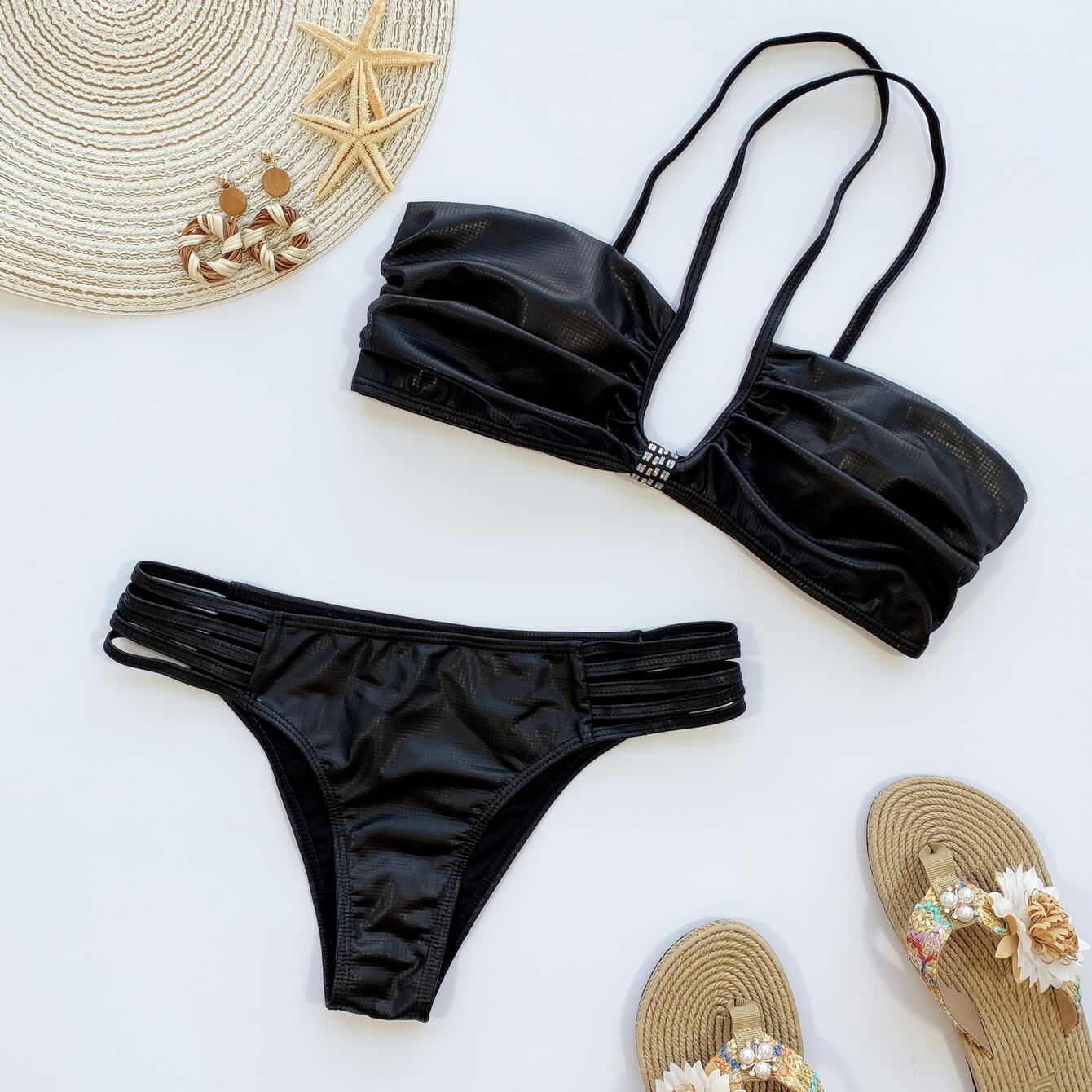 Black Halter Leather Thong Bottom Bikinis