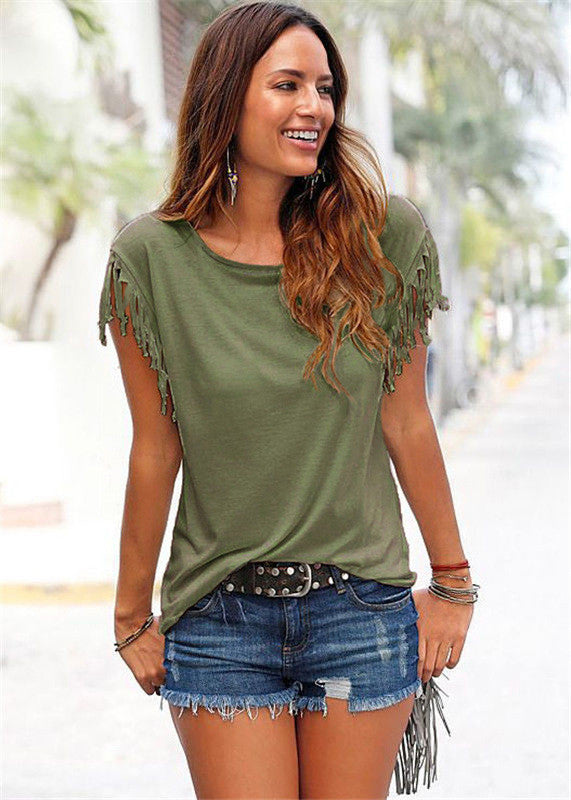 Scoop Sleeveless Tassel Casual Pure Color Blouse - Oh Yours Fashion - 7