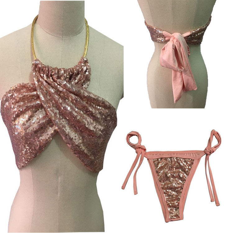 Sexy Sequins Wrap Halter Lace Up Bikini Set