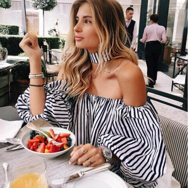 Off-shoulder Lantern 3/4 Sleeves Striped Sexy Blouse