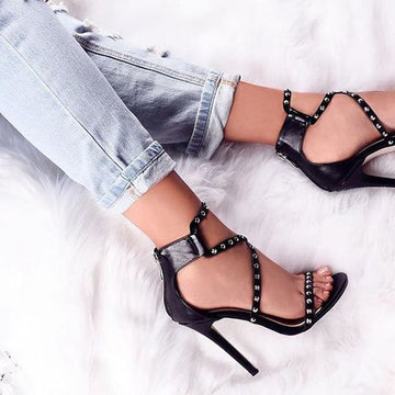 Black Simple Leather Open Toe High Heel Sandals