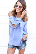 Off-shoulder Split Casual Pure Color Long Sleeves Blouse - Oh Yours Fashion - 2