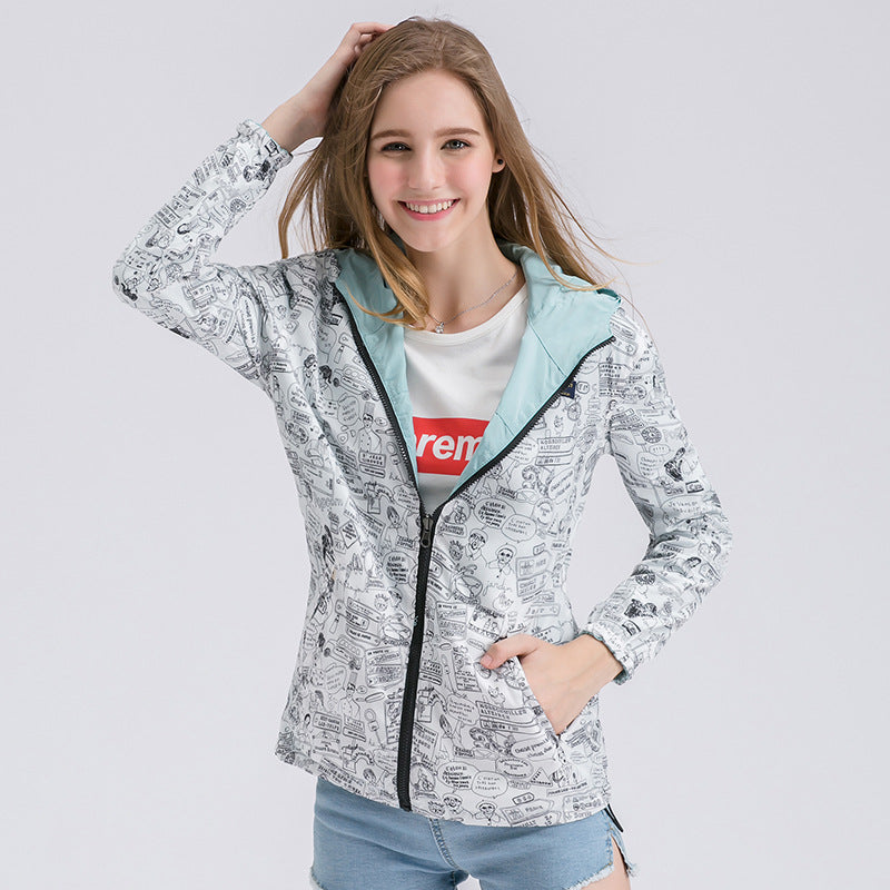 Two Side Wearable Print/Solid Color Women Hooded Short Coat