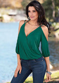 Spaghetti Strap 1/2 Sleeves Deep V-neck Pure Color Blouse - Oh Yours Fashion - 6