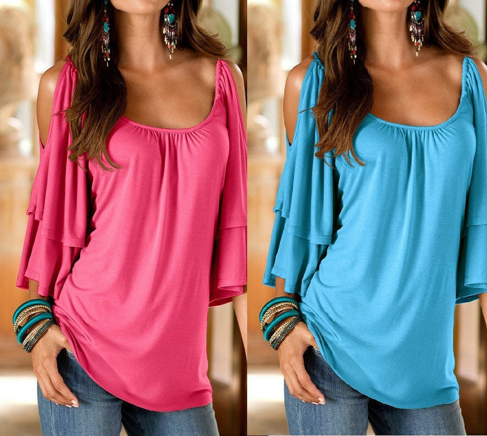 Dew Shoulder Double Layer 1/2 Sleeve Scoop Blouse - Oh Yours Fashion - 1