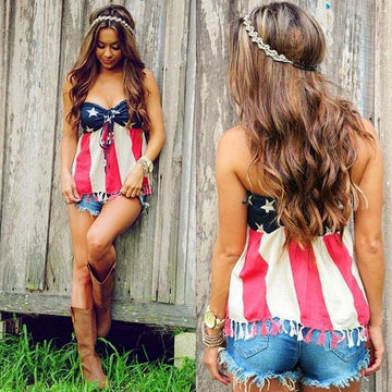 Strapless Sleeveless Flag Backless Short Tassel Patchwork Crop Tops - Oh Yours Fashion - 1