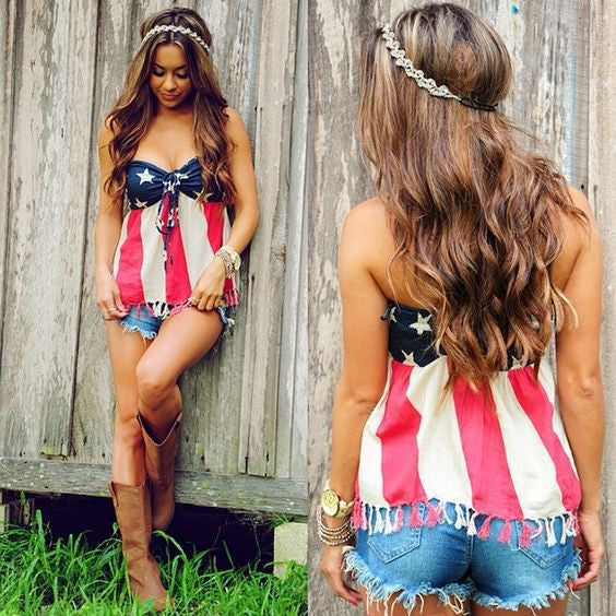 Strapless Sleeveless Flag Backless Short Tassel Patchwork Crop Tops - Oh Yours Fashion - 1