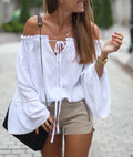 Off-Shoulder Lotus Sleeve Lace Up Loose Blouse - Oh Yours Fashion - 4