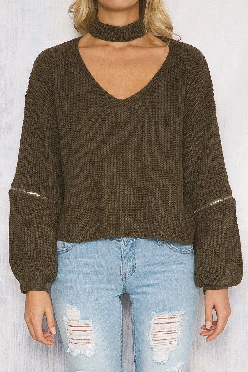 Sexy Halter Hollow Out Zipper Sleeve Sweater - Oh Yours Fashion - 7