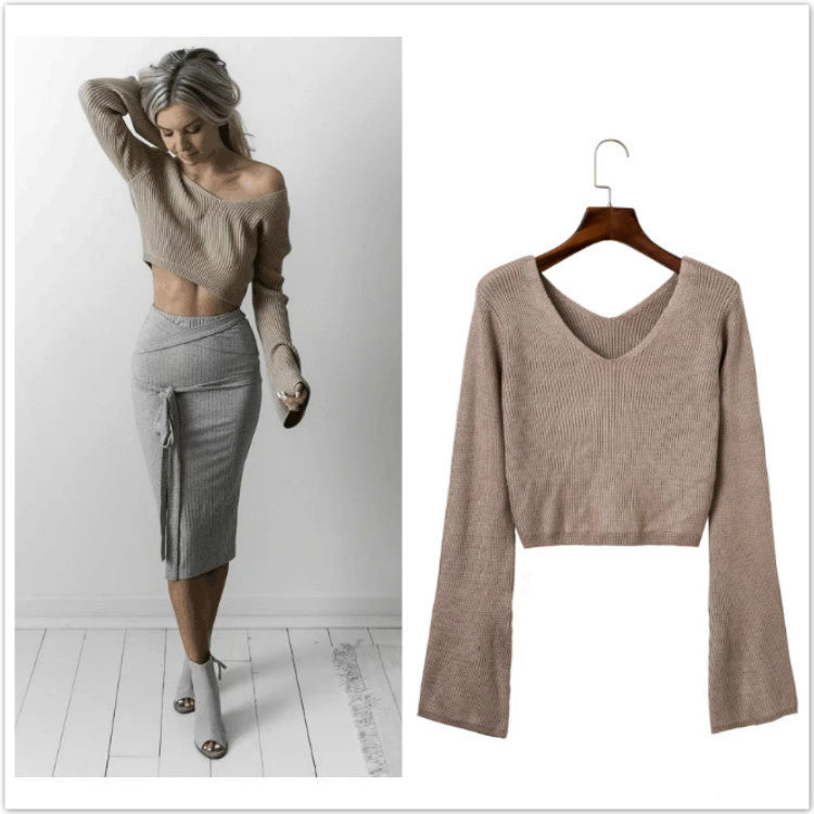 Sexy Khaki Long Sleeve Crop Top Sweater - Oh Yours Fashion - 1