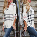 V-neck Plaid Print 3/4 Sleeves Loose Blouse - Oh Yours Fashion - 6