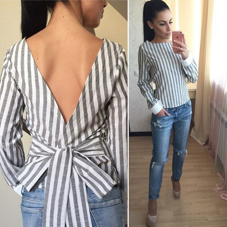 Sexy Backless Stripe Lace Up Flax Blouse - Oh Yours Fashion - 4