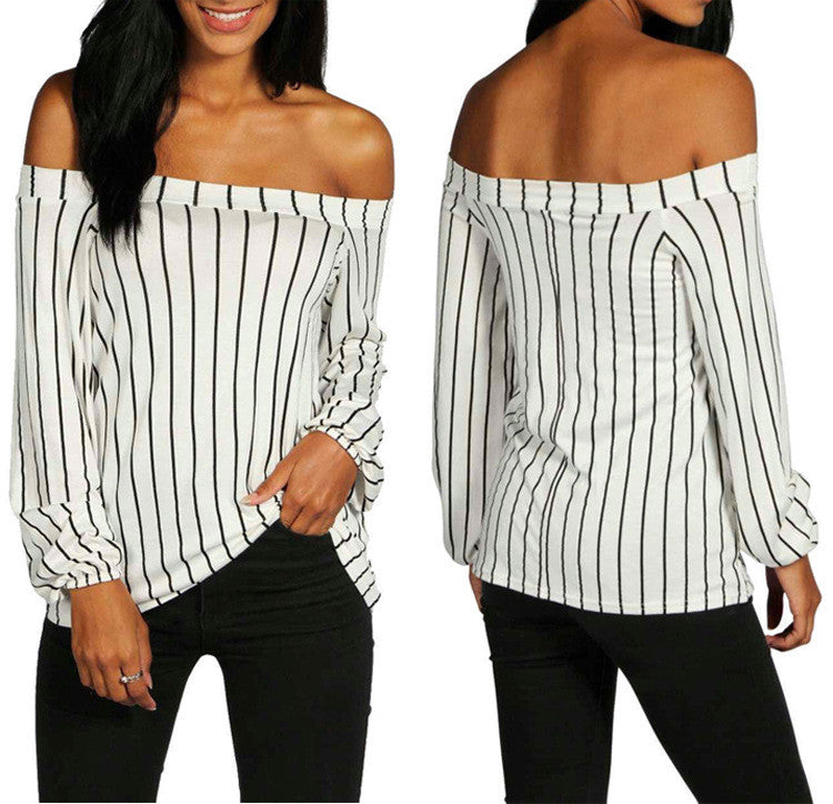 Sexy Off Shoulder Long Sleeve Stripe White Blouse - Oh Yours Fashion - 2