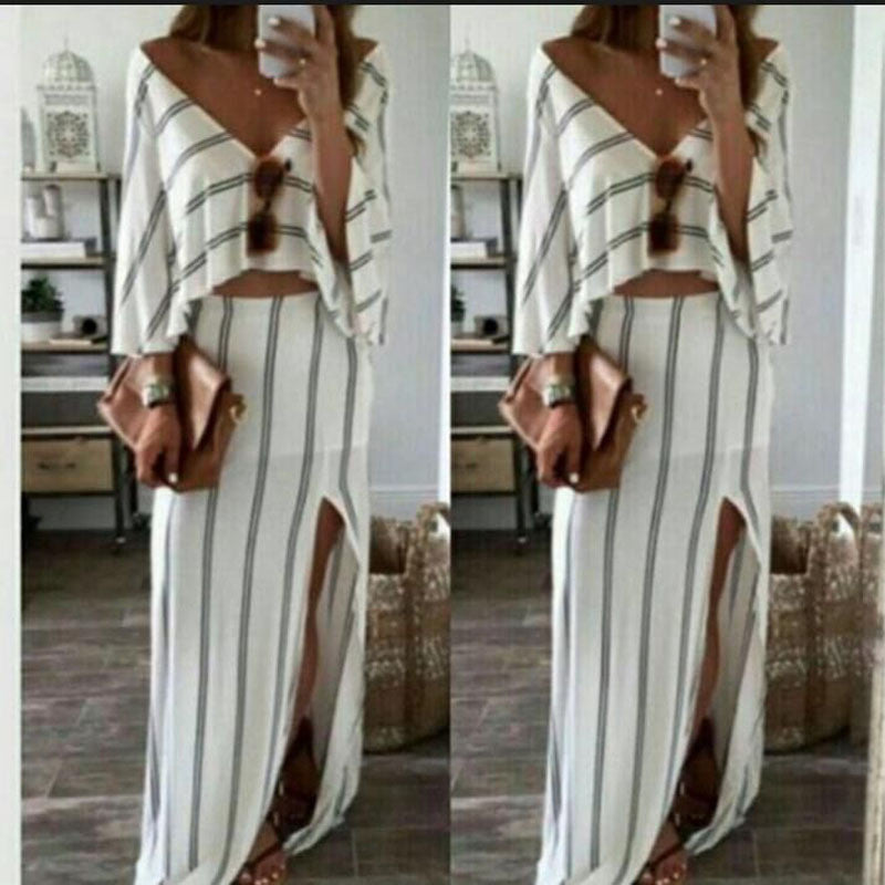 Deep V-neck Striped Loose Top with Split Irregular Skirt Two Pieces Dress - Oh Yours Fashion - 1