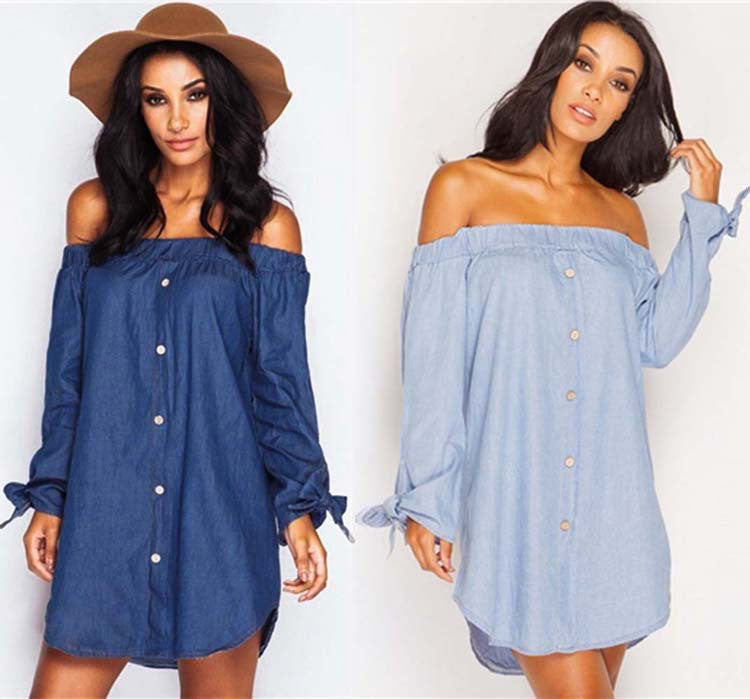 Off Shoulder Elastic Long Sleeve Butterfly Denim Blouse - Oh Yours Fashion - 2