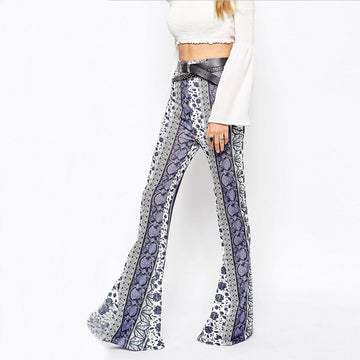 Blue And White Porcelain Bodycon Flower Print Bell-bottom Pants - Oh Yours Fashion - 1