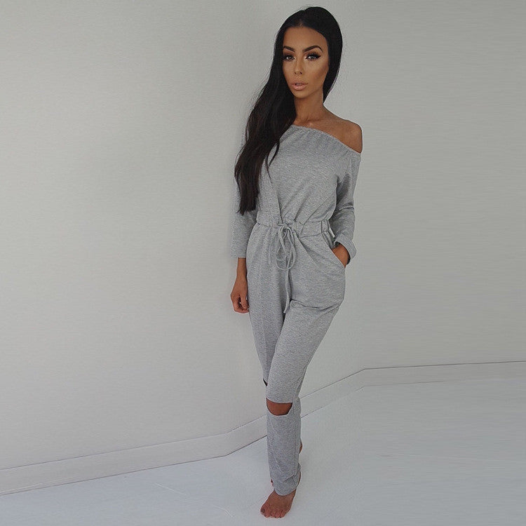 Off Shoulder Long Sleeve Draw String Waist Long Jumpsuit - Oh Yours Fashion - 2