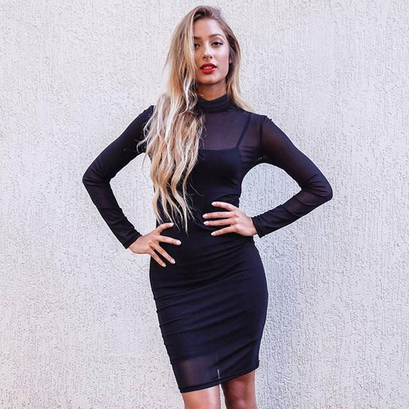 Black Transparency Lined Long Sleeve Bodycon Short Two Pieces Dress - Oh Yours Fashion - 1
