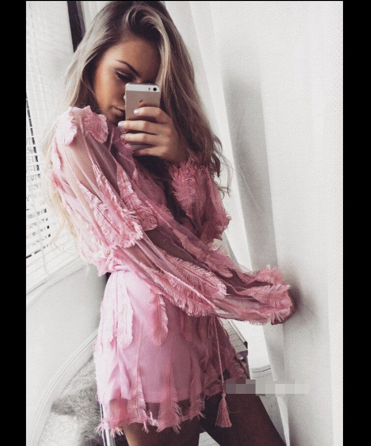Pink Feather Patchwork Deep V-neck See-through Short Jumpsuit - Oh Yours Fashion - 5