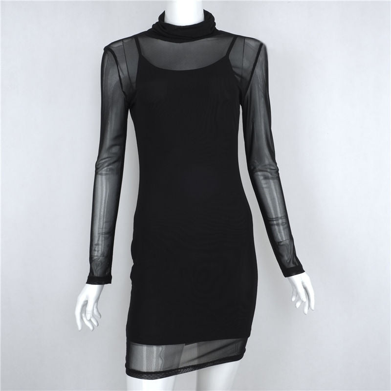 Black Transparency Lined Long Sleeve Bodycon Short Two Pieces Dress - Oh Yours Fashion - 6