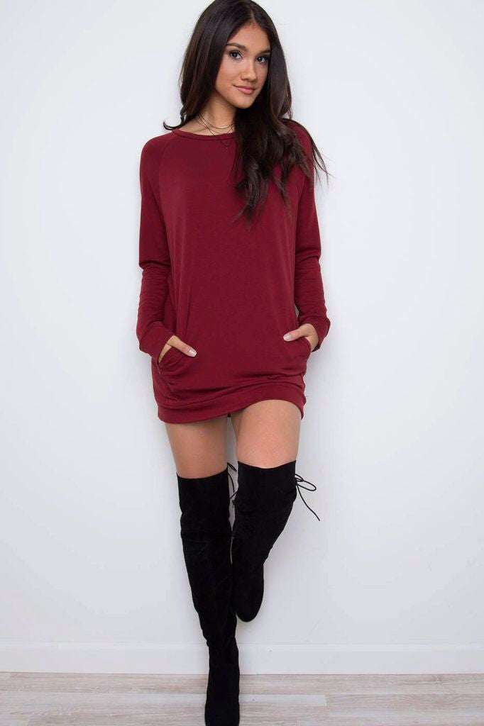 Simple Loose Scoop Long Sleeve Pocket Short Dress - Oh Yours Fashion - 7