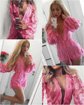 Pink Feather Patchwork Deep V-neck See-through Short Jumpsuit - Oh Yours Fashion - 4