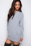 Simple Loose Scoop Long Sleeve Pocket Short Dress - Oh Yours Fashion - 5