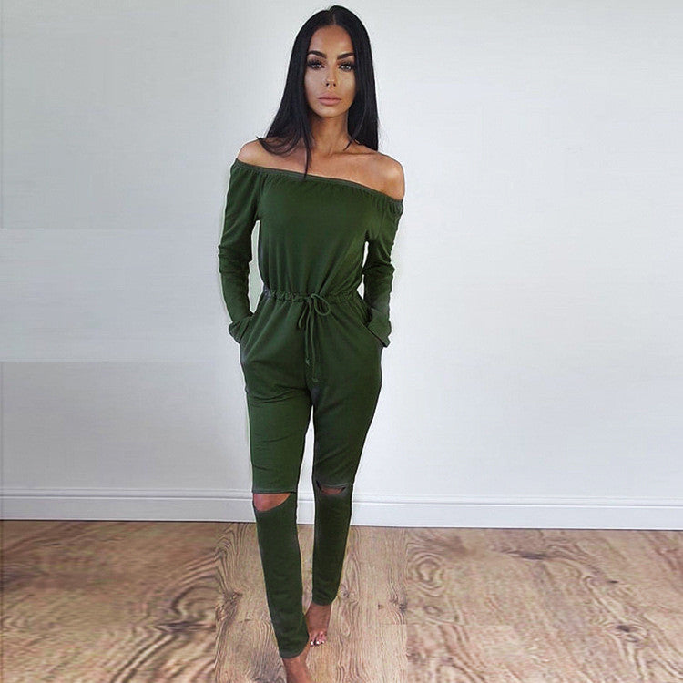 Off Shoulder Long Sleeve Draw String Waist Long Jumpsuit - Oh Yours Fashion - 5