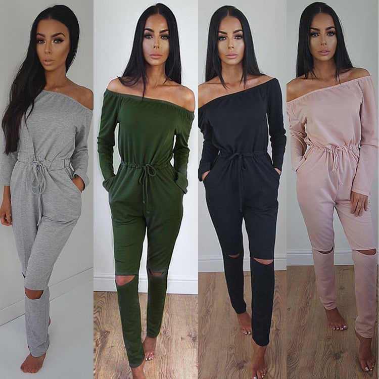 Off Shoulder Long Sleeve Draw String Waist Long Jumpsuit - Oh Yours Fashion - 3