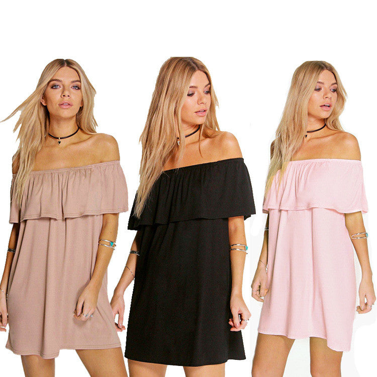 Sexy Off Shoulder Falbala Pure Color Loose Short Dress - Oh Yours Fashion - 1