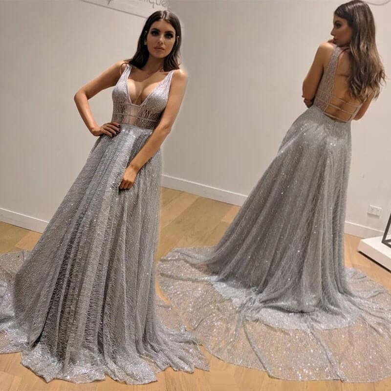 Sexy Backless Silver Floor Length Evening Dress