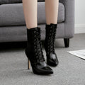 Black Lace Up High Heel Pointed Calf Boots
