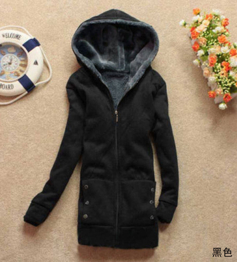 Hooded Thick Long Sleeves Pure Color Slim Mid-length Coat - Oh Yours Fashion - 3