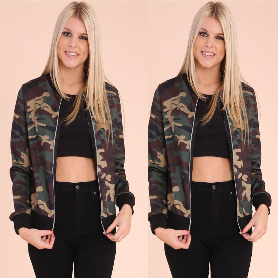 Camouflage Zippered Scoop Short Coat - Oh Yours Fashion - 1