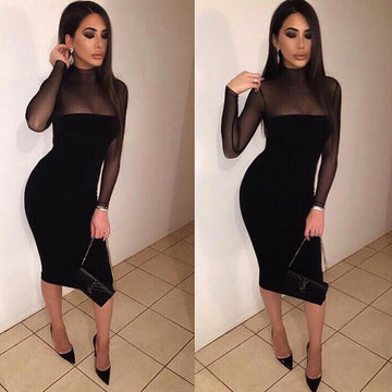 Sexy Long-Sleeved Perspective Bodycon Knee-length Dress - Oh Yours Fashion - 1