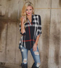 V-neck Plaid Print 3/4 Sleeves Loose Blouse - Oh Yours Fashion - 1