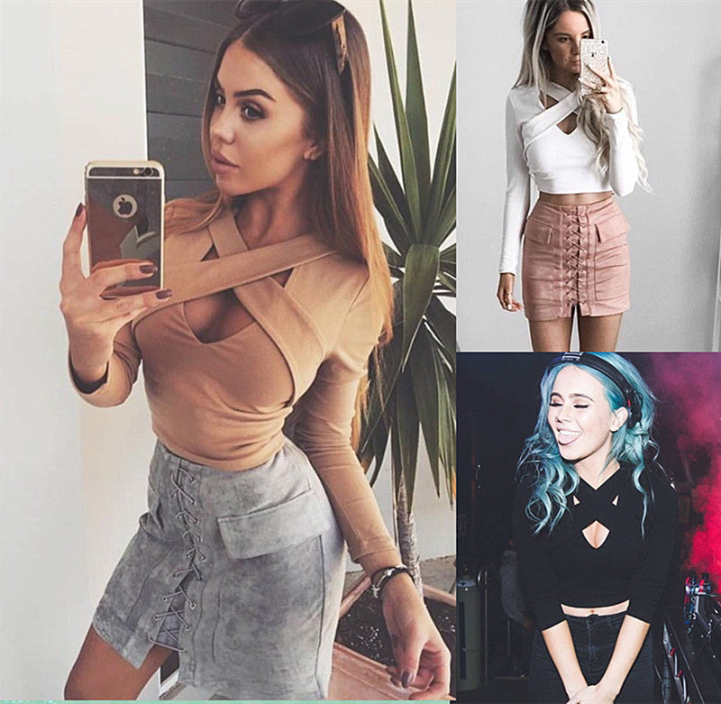 Sexy Criss Cross V Neck Long Sleeve Crop Top Blouse - Oh Yours Fashion - 1