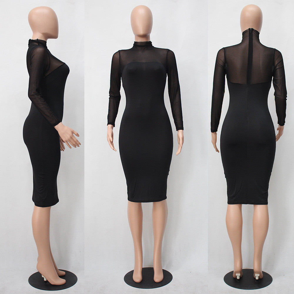 Sexy Long-Sleeved Perspective Bodycon Knee-length Dress - Oh Yours Fashion - 3
