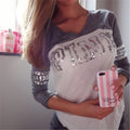 V-neck Long Sleeves Sequin Letter Print T-shirt - Oh Yours Fashion - 1