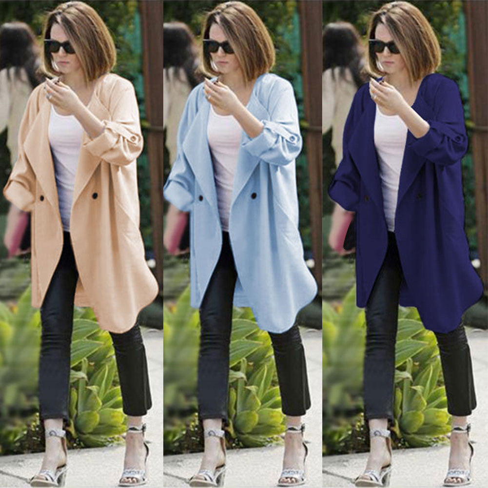 Lapel Big Turn-down Collar Pure Color Long Coat - Oh Yours Fashion - 1