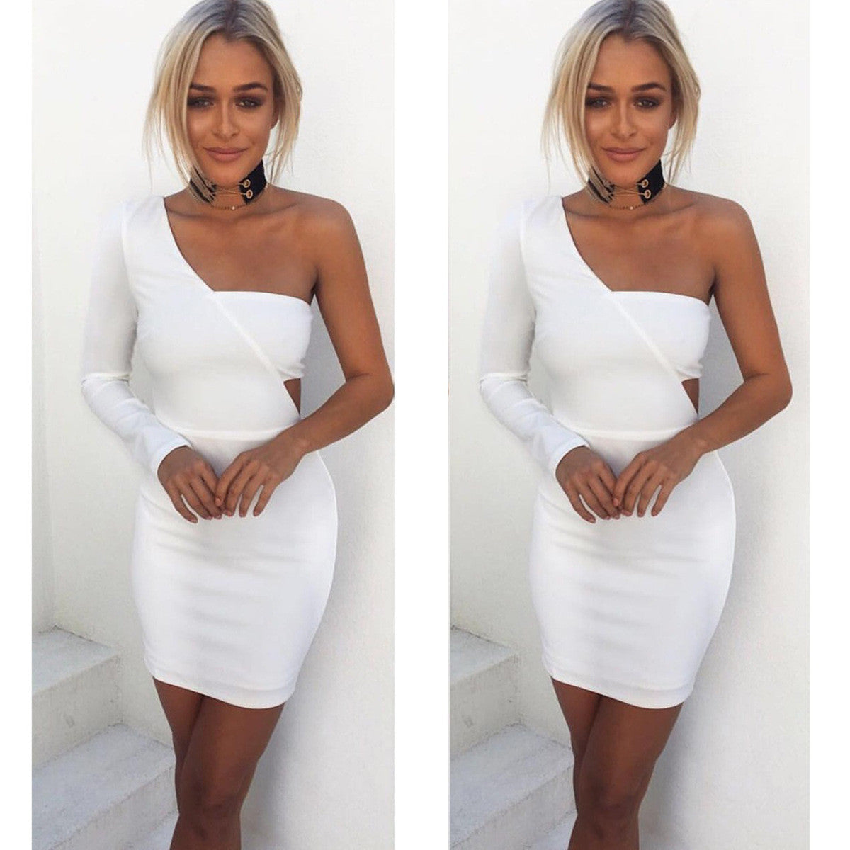 White Long Sleeve Wrapped One Shoulder Bodycon Dress - Oh Yours Fashion - 1
