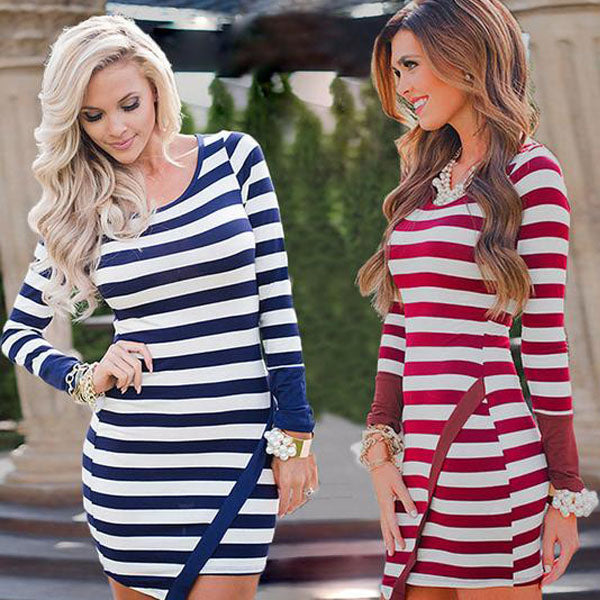 Classic Long Sleeve Scoop Stripe Irregular Short Dress