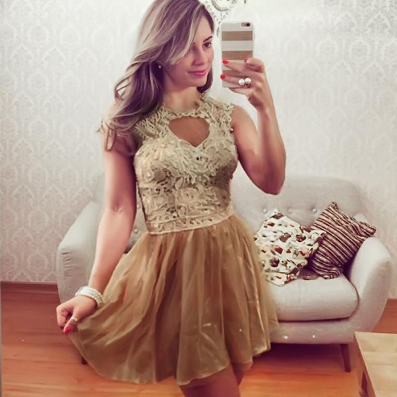 Sleeveless Scoop Golden Laces Patchwork Dress - OhYoursFashion - 1