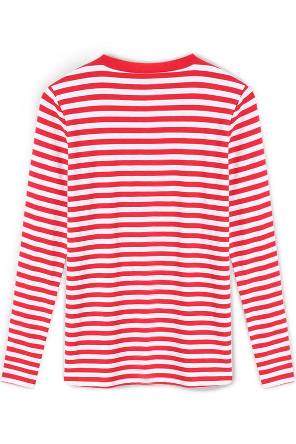 Red White Stripe Scoop Long Sleeve Loose T-shirt - Oh Yours Fashion - 7