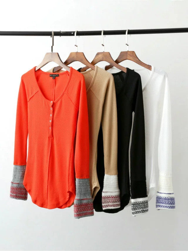 Cuff Decorative Buttons Knit Irregular Slim T-shirts - Oh Yours Fashion - 8