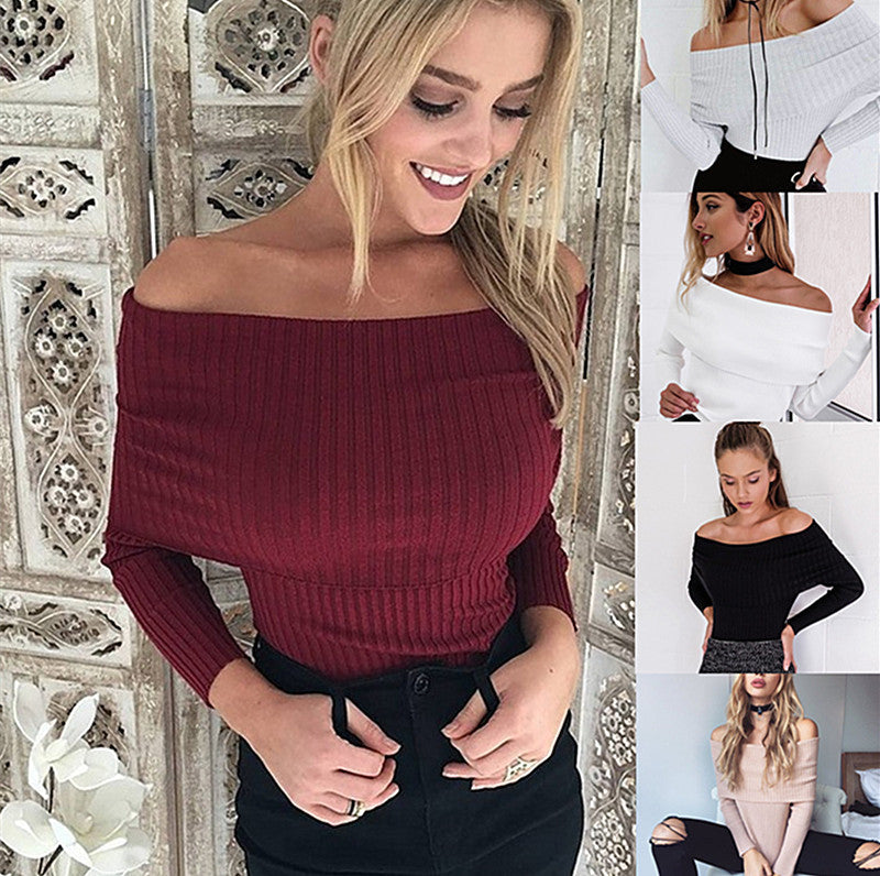 Sexy Off Shoulder Slim Ribbed Long Sleeve Knit Sweater - Oh Yours Fashion - 1