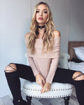 Sexy Off Shoulder Slim Ribbed Long Sleeve Knit Sweater - Oh Yours Fashion - 10
