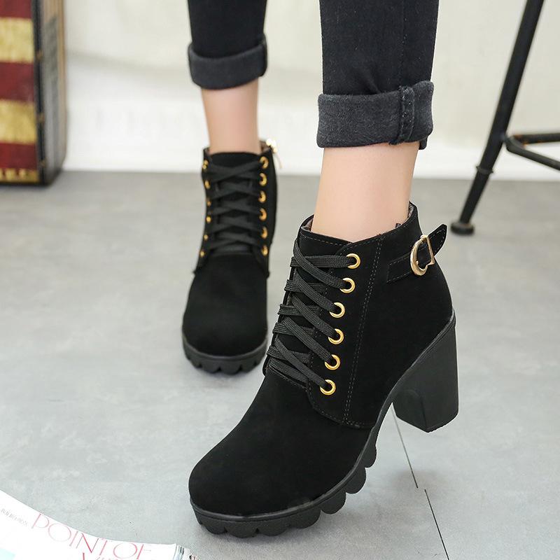 Scrub Lace UP Side Zipper Middle Chunky Heel Short Boots