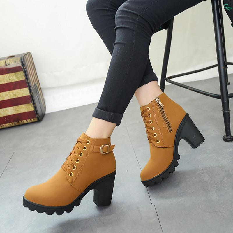 Scrub Lace UP Side Zipper Middle Chunky Heel Short Boots